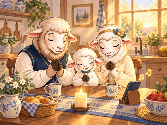 La famille Cordeo prie à table le matin.
