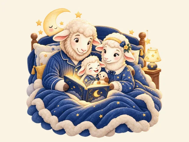 Papa et maman mouton lisent une histoire au petit agneau au lit.