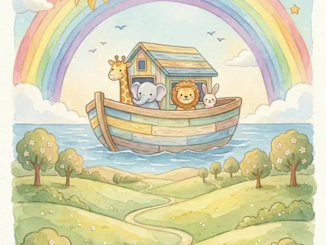 L'arche de Noé sous un arc-en-ciel.