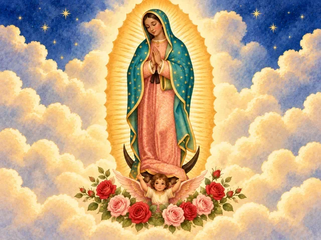 Notre-Dame de Guadalupe parmi les nuages et les roses.