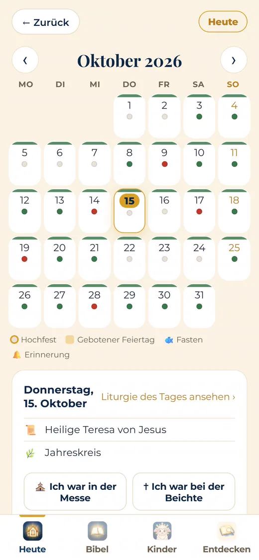 Kalender mit Festen, liturgischen Zeiten und Novenen.