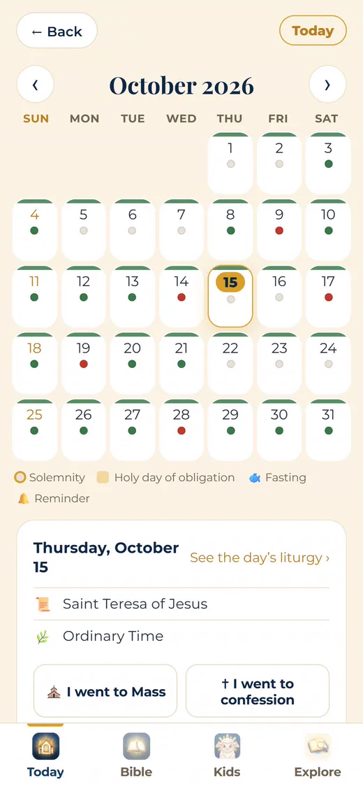 Calendar with feasts, liturgical seasons and novenas.