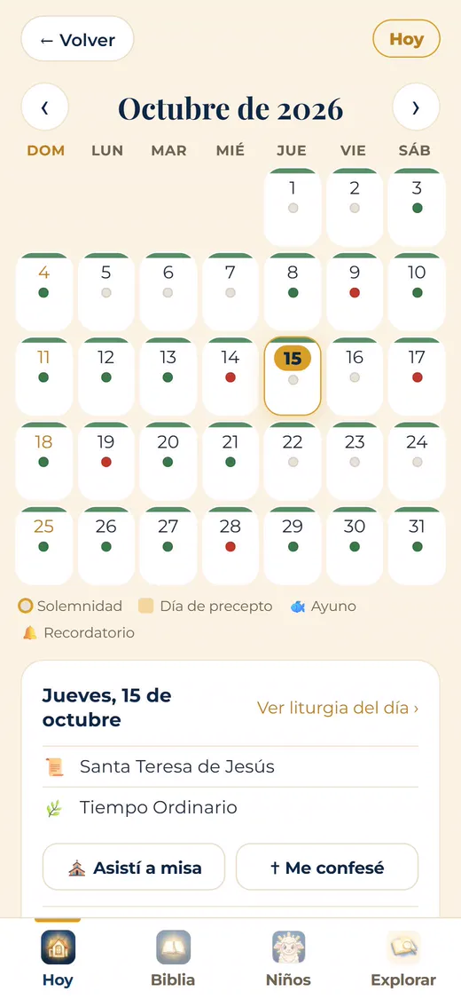 Calendario con las fiestas, los tiempos litúrgicos y las novenas.