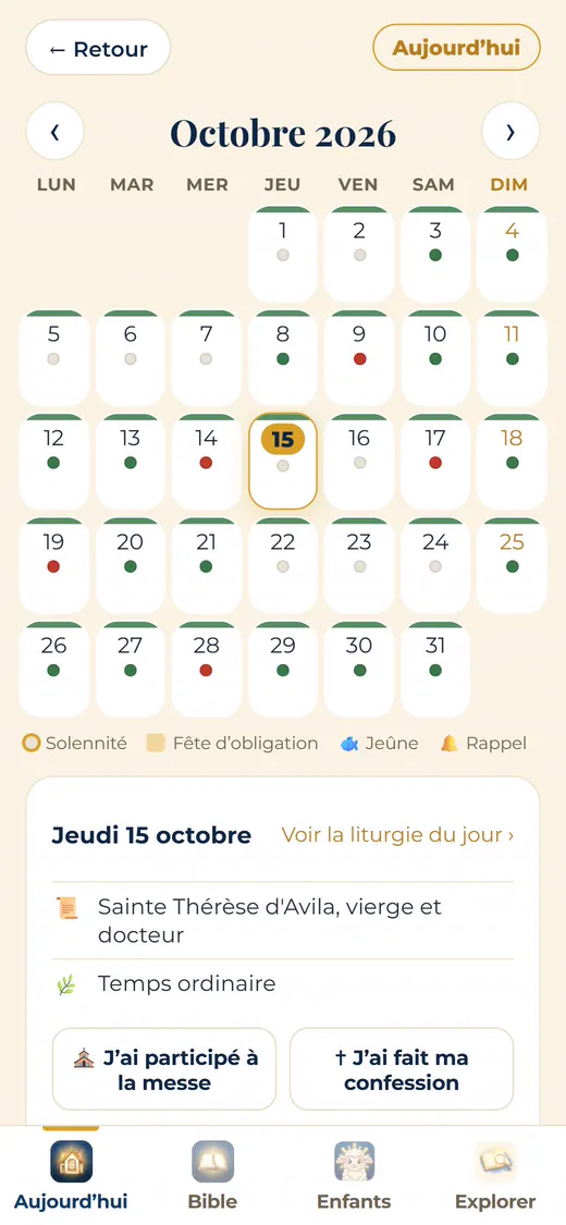 Calendrier avec les fêtes, les temps liturgiques et les neuvaines.