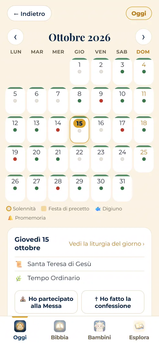 Calendario con le feste, i tempi liturgici e le novene.