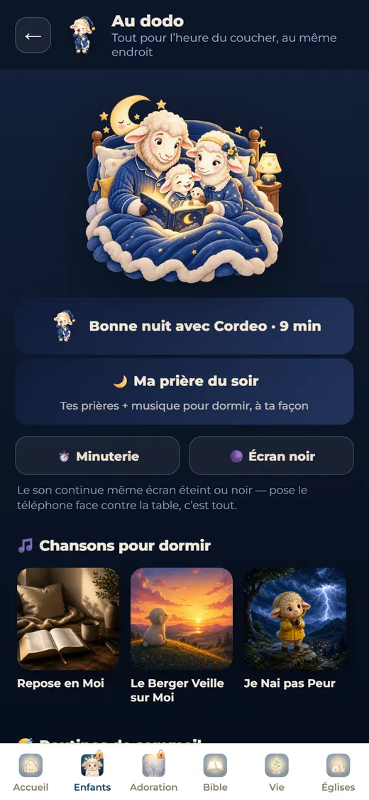 Écran de Cordeo avec le rituel du coucher pour les enfants.