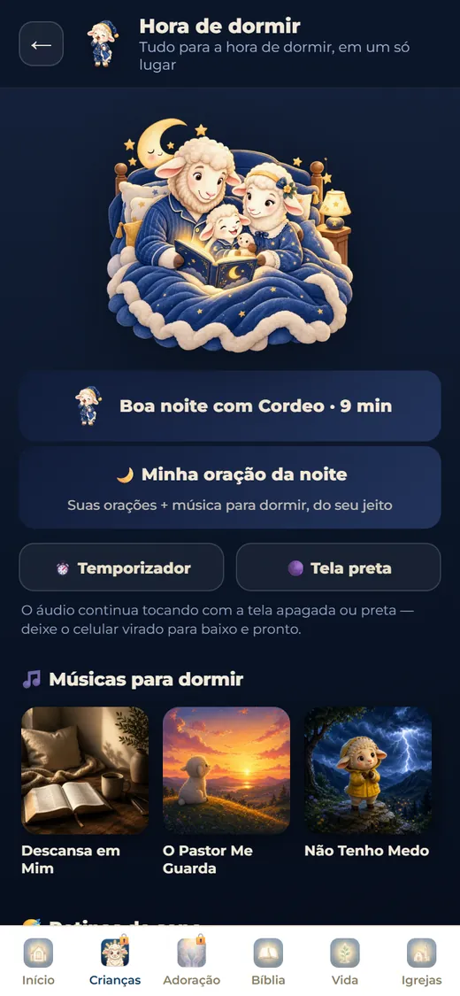 Tela do Cordeo com o ritual para as crianças dormirem.