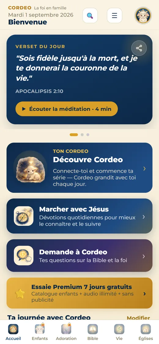 Écran d'accueil de Cordeo avec le verset du jour.