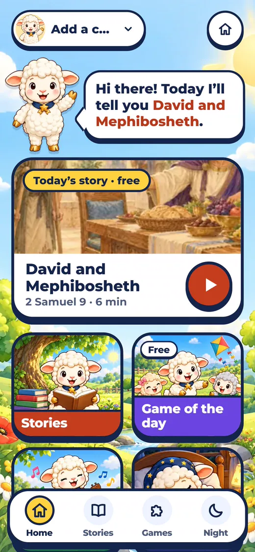 Family section with stories and the mission of the day.