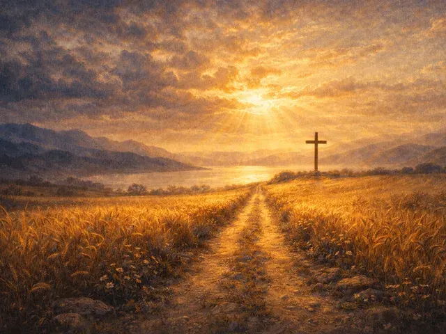Um caminho entre trigais dourados que leva a uma cruz ao amanhecer.