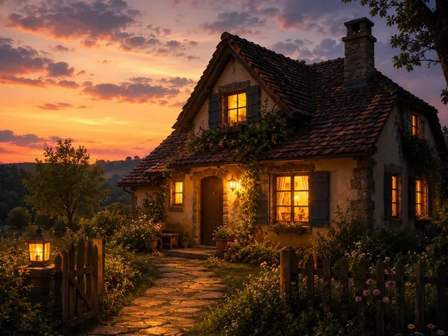Uma casa de campo iluminada ao entardecer.