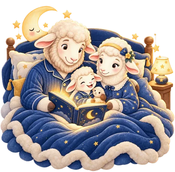 Uma família de cordeirinhos lendo uma história na cama antes de dormir.