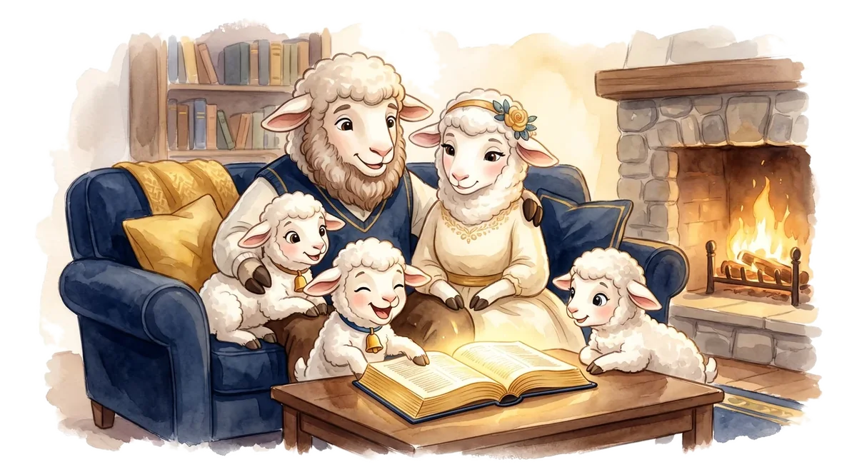 Uma família de cordeirinhos lendo a Bíblia junta ao lado da lareira.